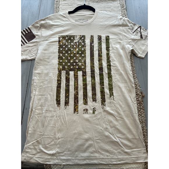 Grunt Style Tan Green Camo American Flag Crew Neck T Shirt Men’s Sz M - Picture 1 of 8